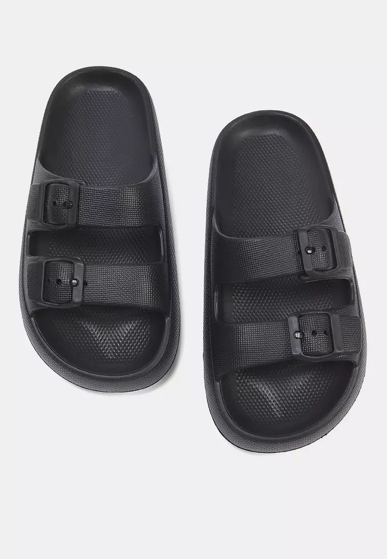 Black Double Banded Buckle Detailed Light Sole Unisex Slippers Takss25Te00019