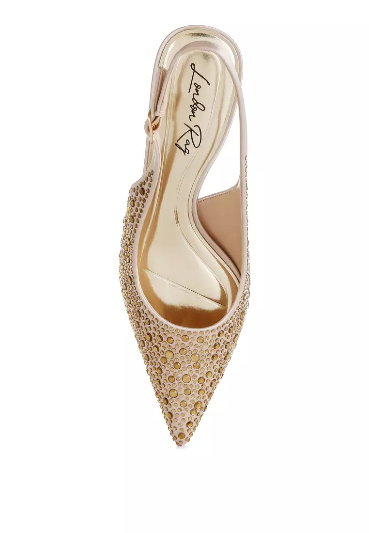 Sepatu Slingbacks Berhias Berlian Imitasi Ujung Lancip Warna Beige