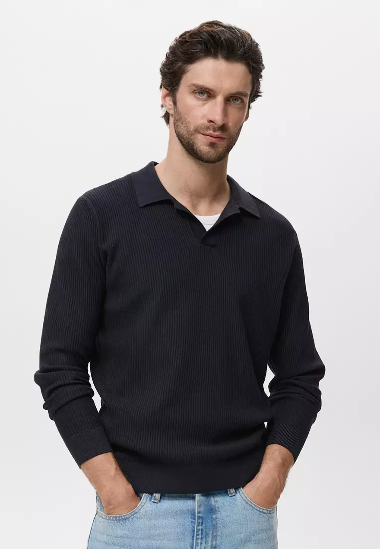 Cotton-Blend Ribbed Polo Sweater