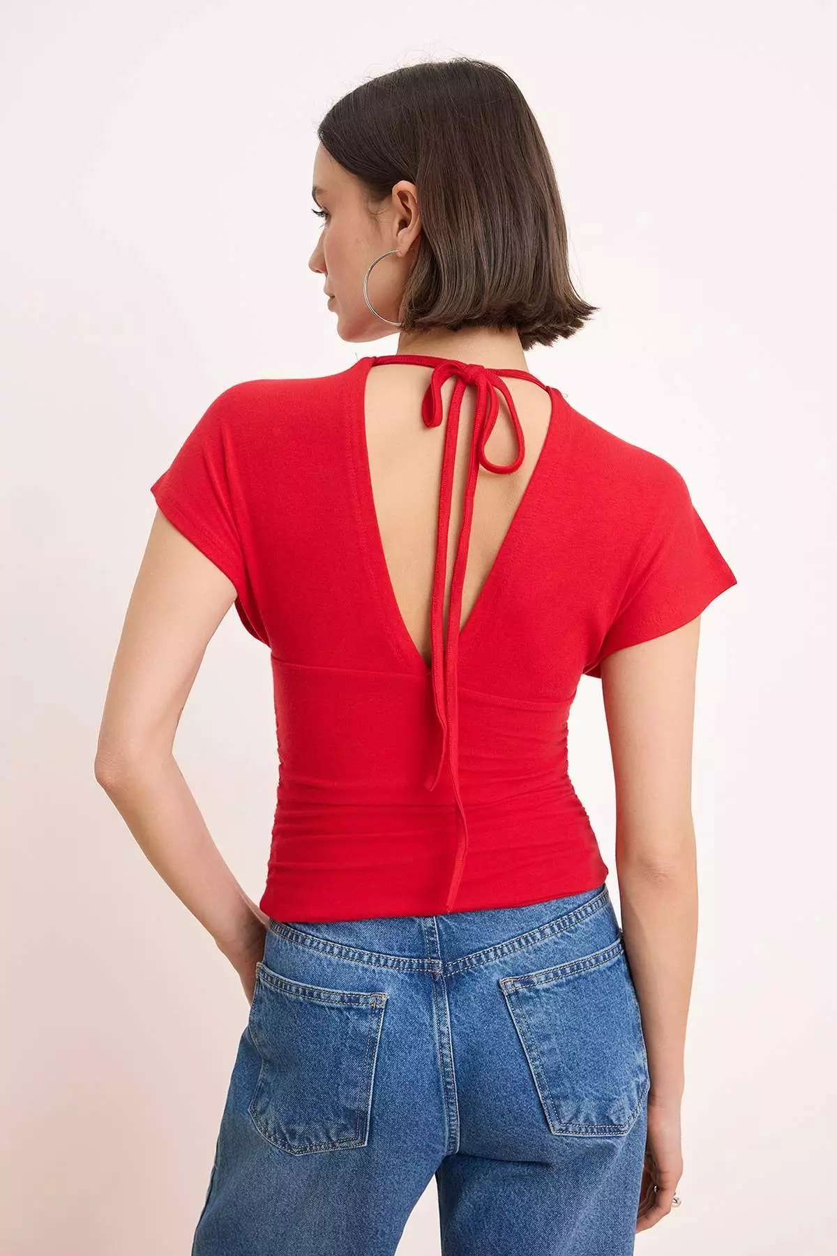 Red Fitted/Bodycon Shirred/Drape Detail Knitted Blouse Twoss25Bz65