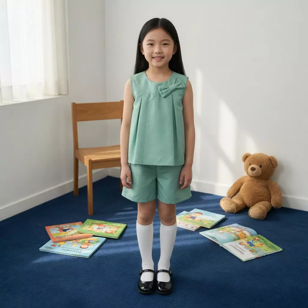 Two Mix - Naura Baju Setelan Anak Perempuan Pita Cantik Celana Pendek Lucu Korean Style Usia 2-8 Tahun 4458 Hijau