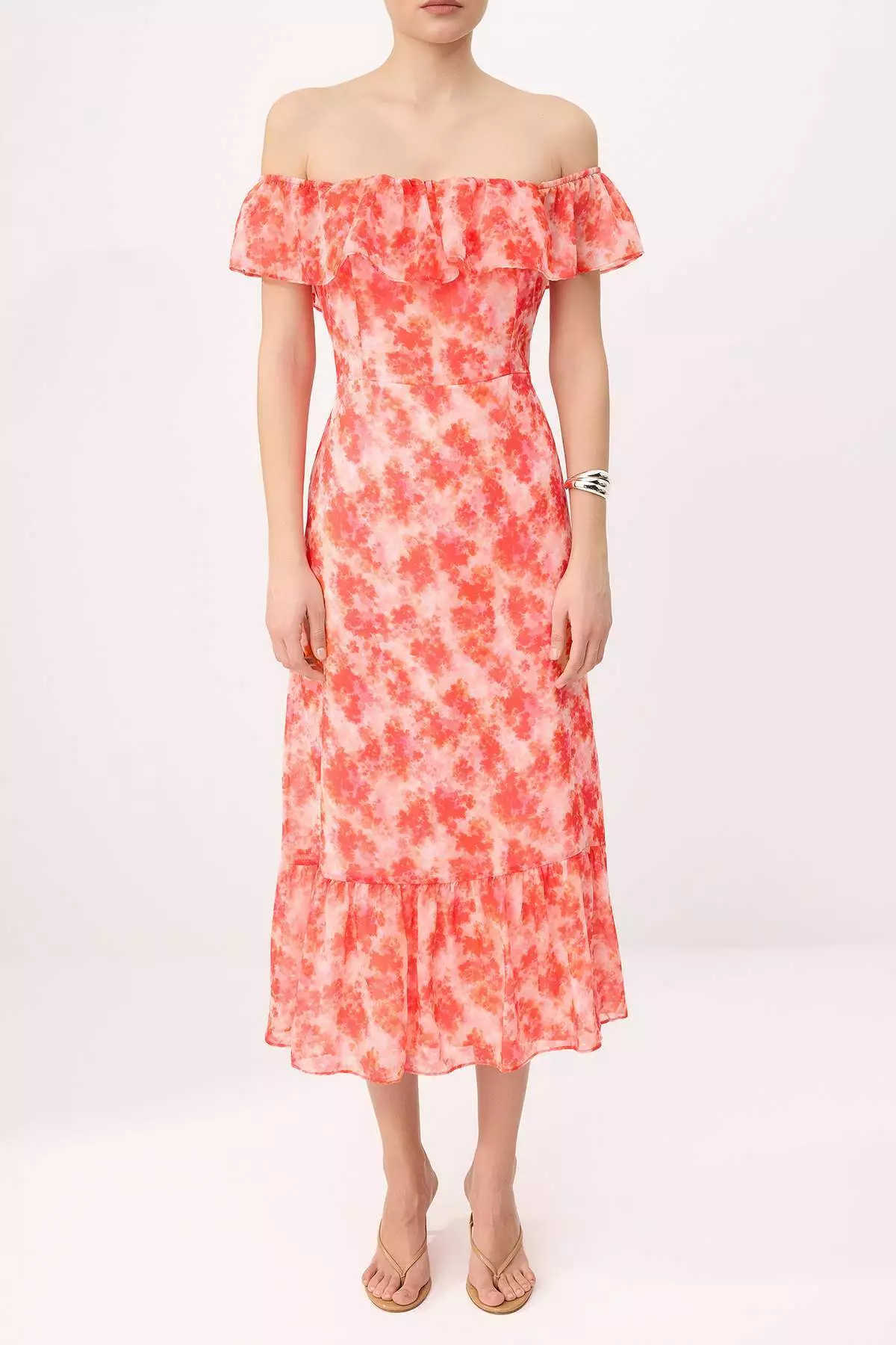 Multi-Colored Floral Skirt With Flared / Ruffled Waistband Midi Woven Dress Twoss25El278