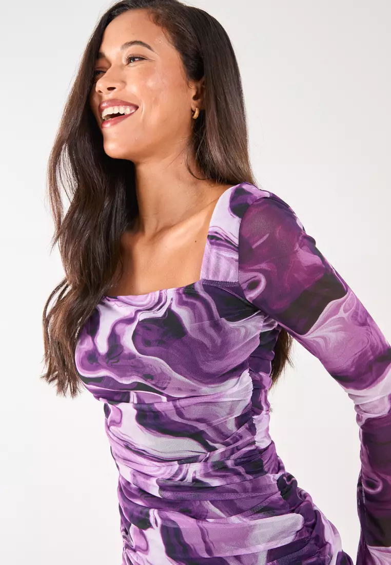 Pink Vanilla Purple Mesh Marble Long Sleeve Mini Dress