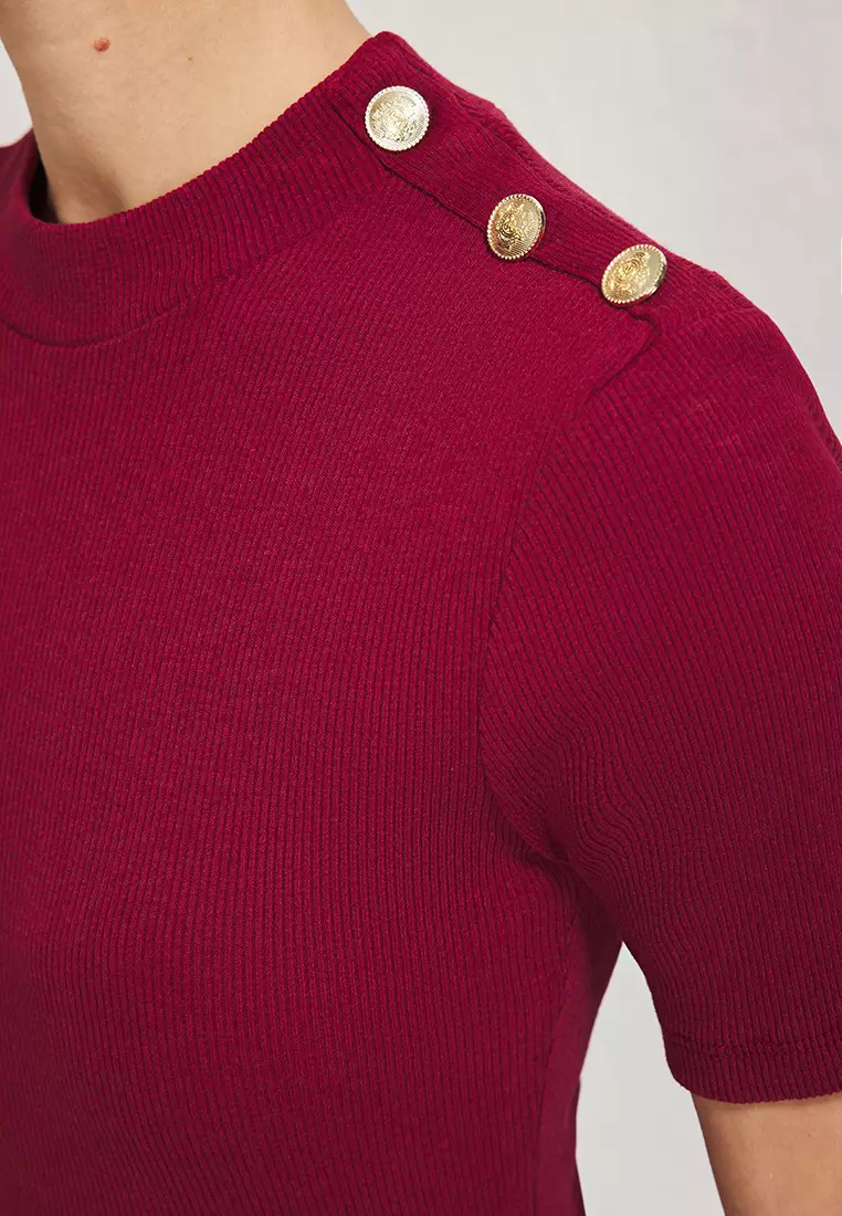 Claret Red Flat Button Detail High Neck Fitted Elastic Ribbed Mini Knit Dress TWOSS25EL00785