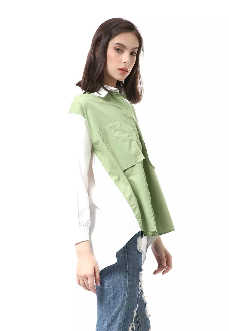 Brielle Atasan Wanita Kemeja Lengan Panjang Model Dua Warna Shirt Two Tone Material Cotton ORIGINAL - Mint White