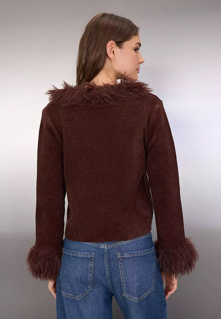 Brown Special Yarn Otris And Fur Detailed Knitwear Cardigan