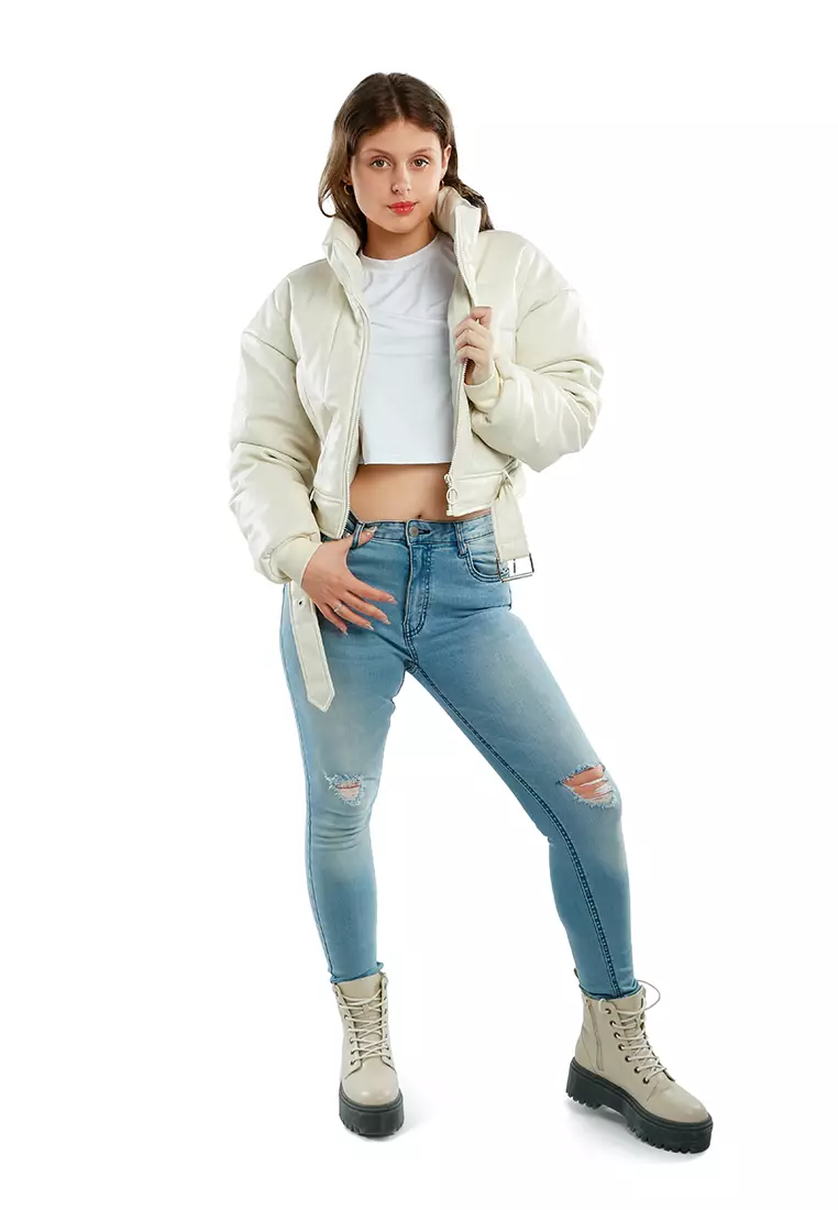 Jaket Puffer Cropped Belted Cream