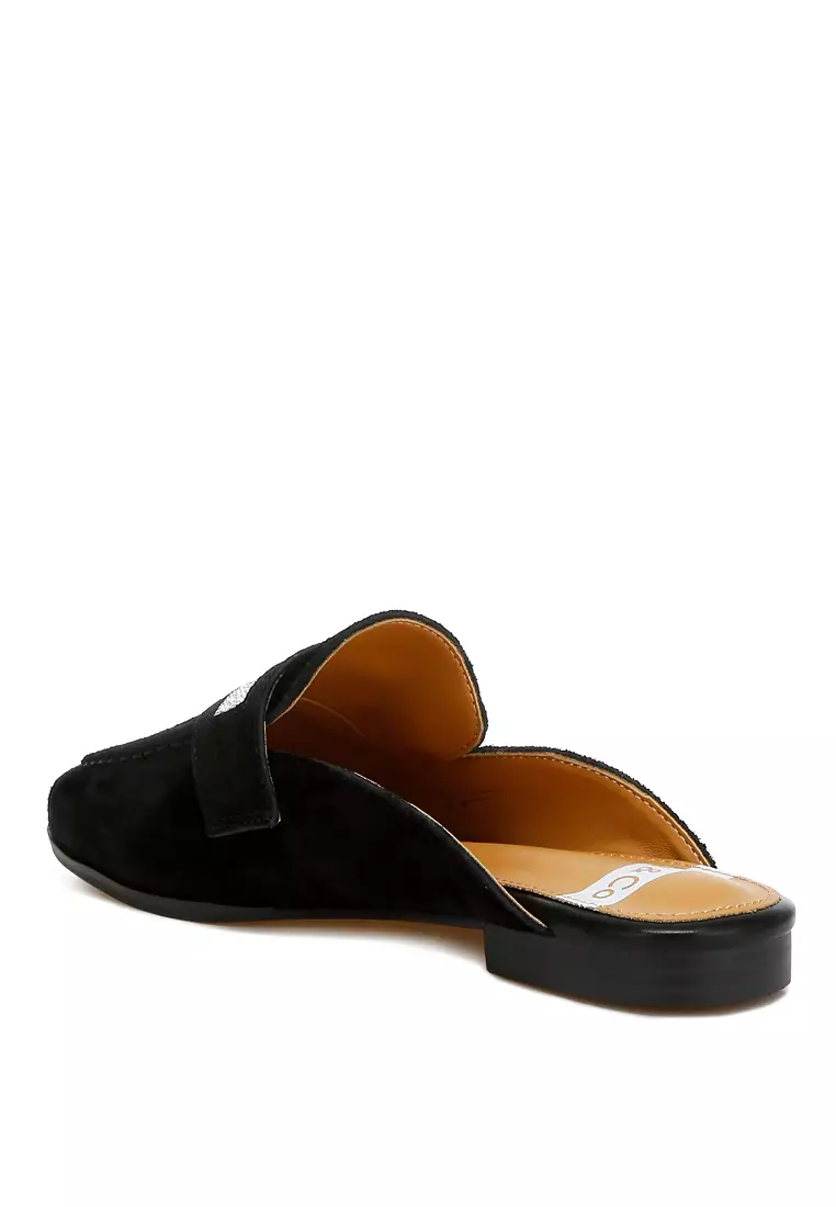 Rhinestone Strap Suede Mules in Black