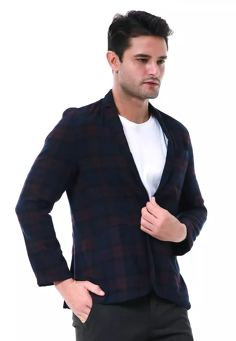 Elard Outerwear Pria Blazer Formal Lengan Panjang Plaid Motive Material Wool ORIGINAL - Purple Navy