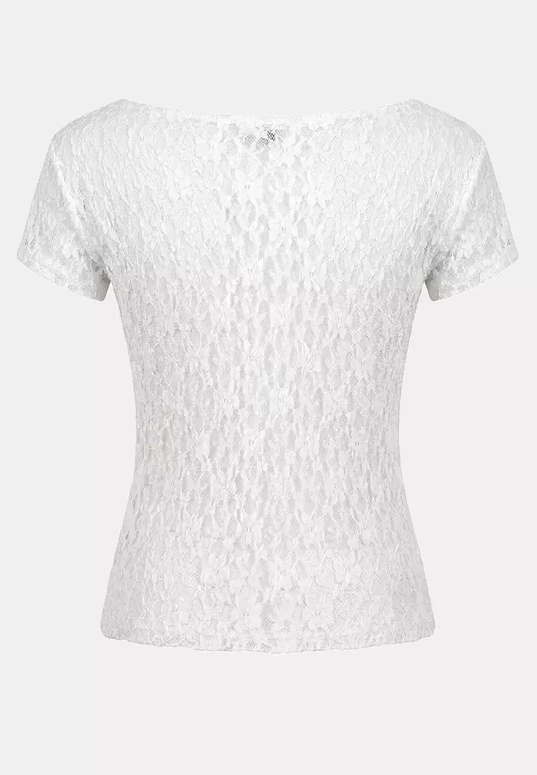 Ecru Fitted/Bodycon Boat Neck Short Sleeve Lace Knitted Blouse Twoss26Bz185