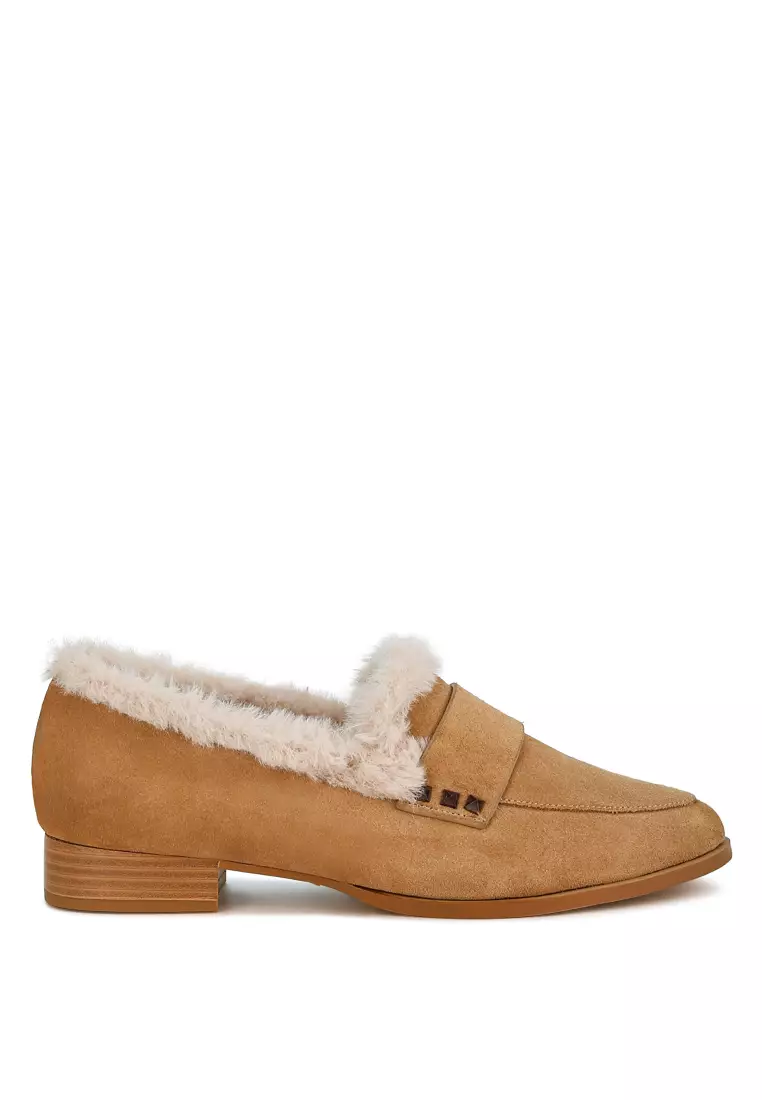 Discount on Rag & CO.  shoes - SKU: Fur Trim Suede Loafers in Beige