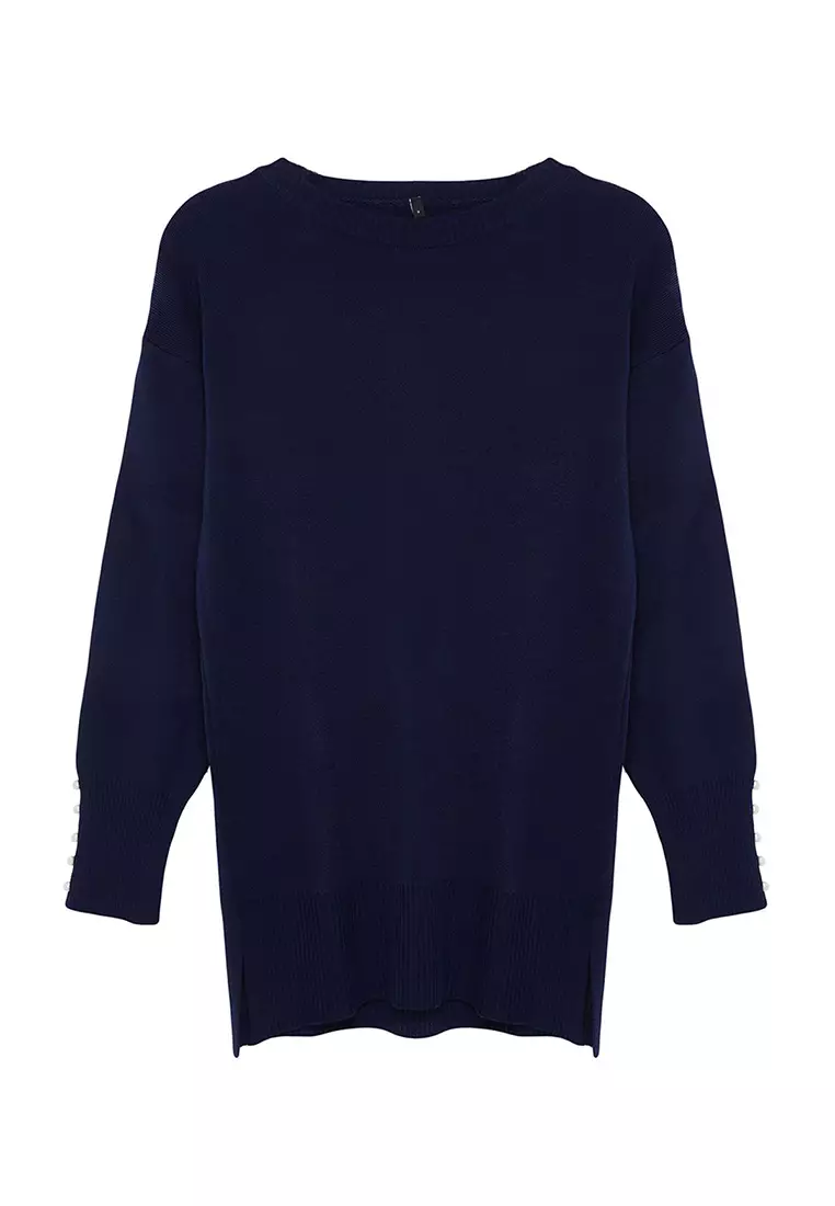 Navy Blue Pearl Detailed Knitwear Sweater Tctaw25Ak00007