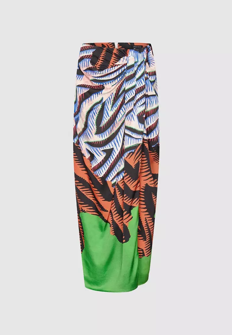 High Waist Tropical Print Wrap Maxi Skirt