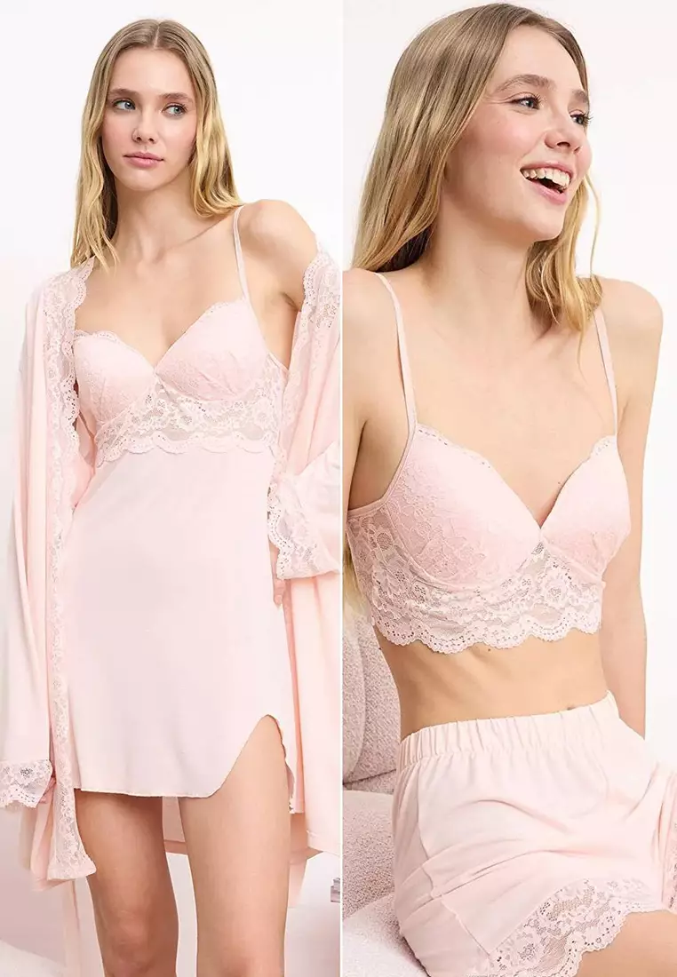 Powder 4-Piece Lace Detailed Dressing Gown + Nightgown + Bralet + Shorts Knitted Pajama Set Thmss26Pt93