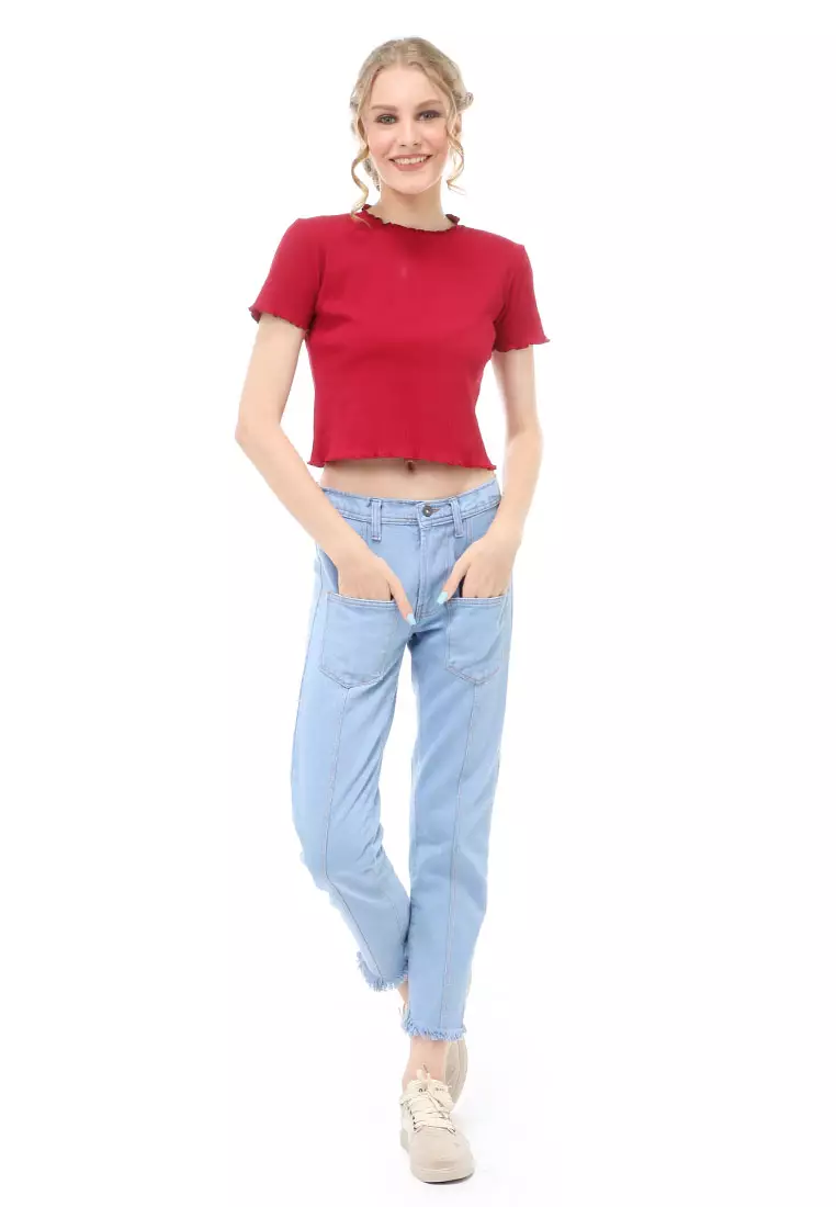 Genevie T-Shirt Kaos Crop Atasan Kasual Wanita Lengan Pendek Garis Timbul Material Cotton ORIGINAL - Maroon