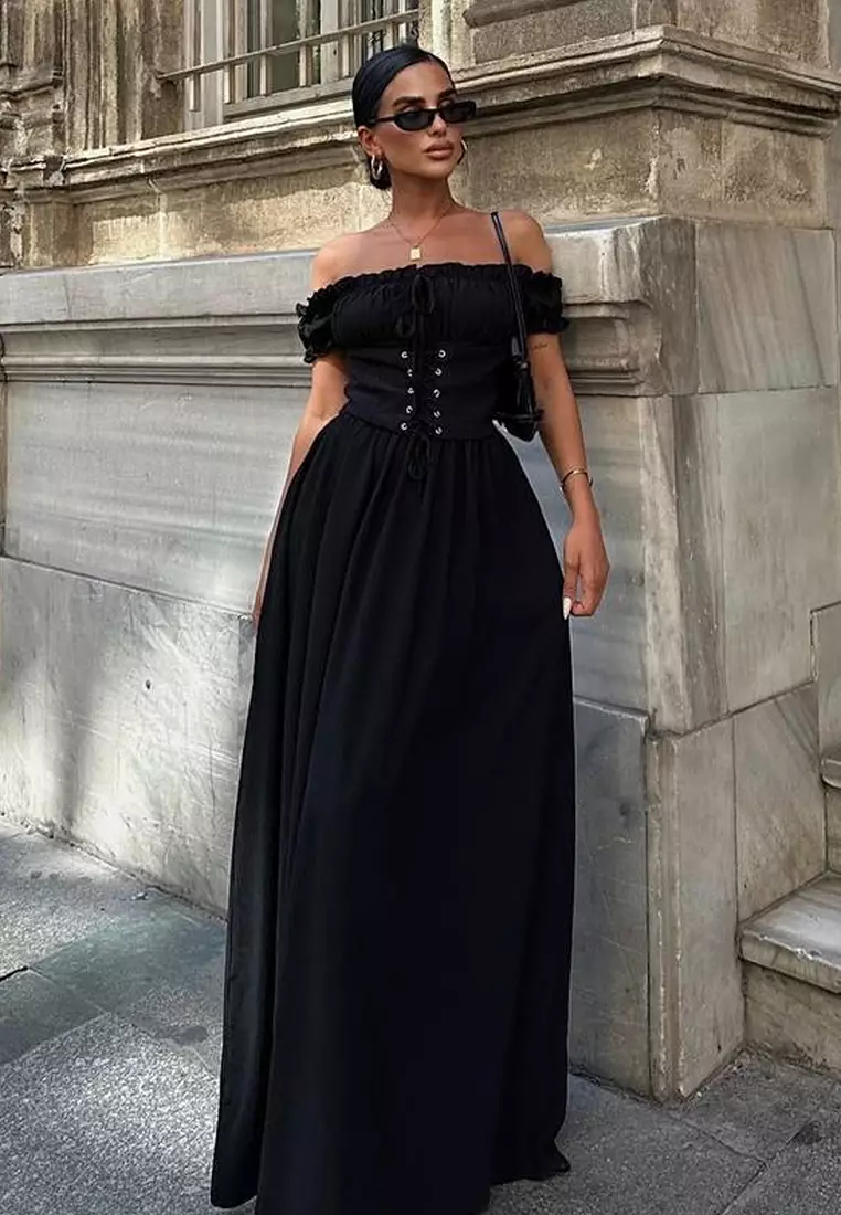 Black A-Line Carmen Neck Corset Look Elegant Evening Night Graduation Dress TPRSS25AE00133