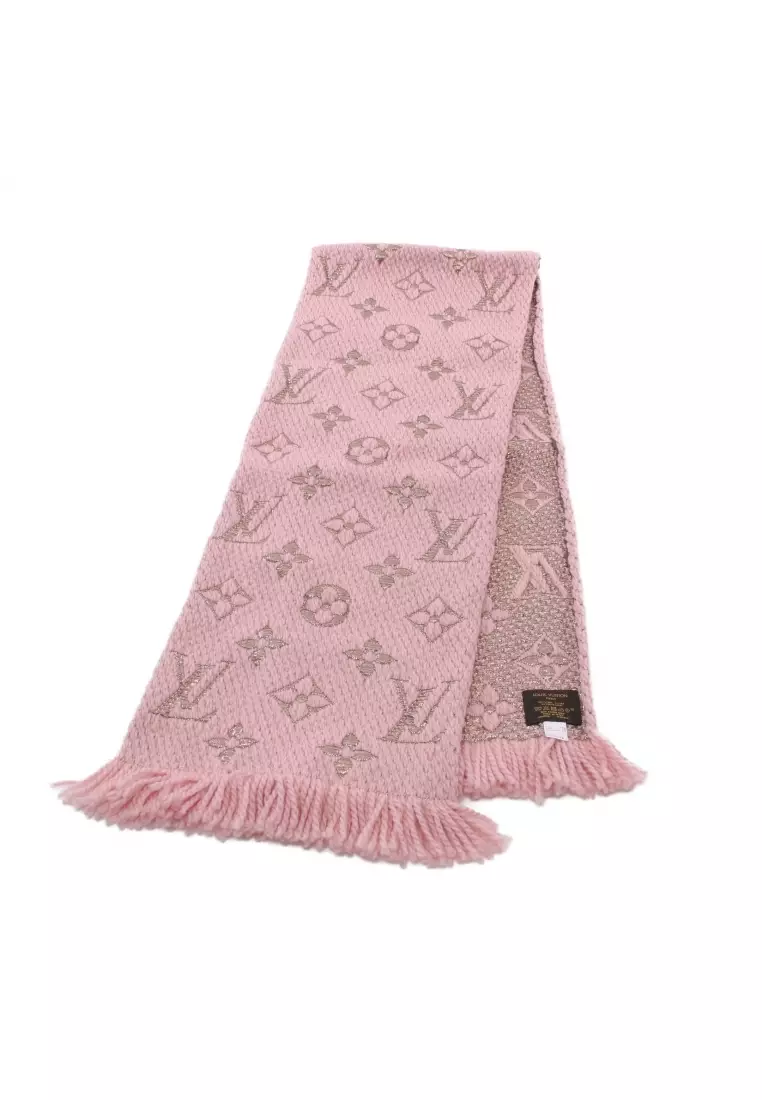 Pale pink and rose gold Louis Vuitton Logomania wool scarf with