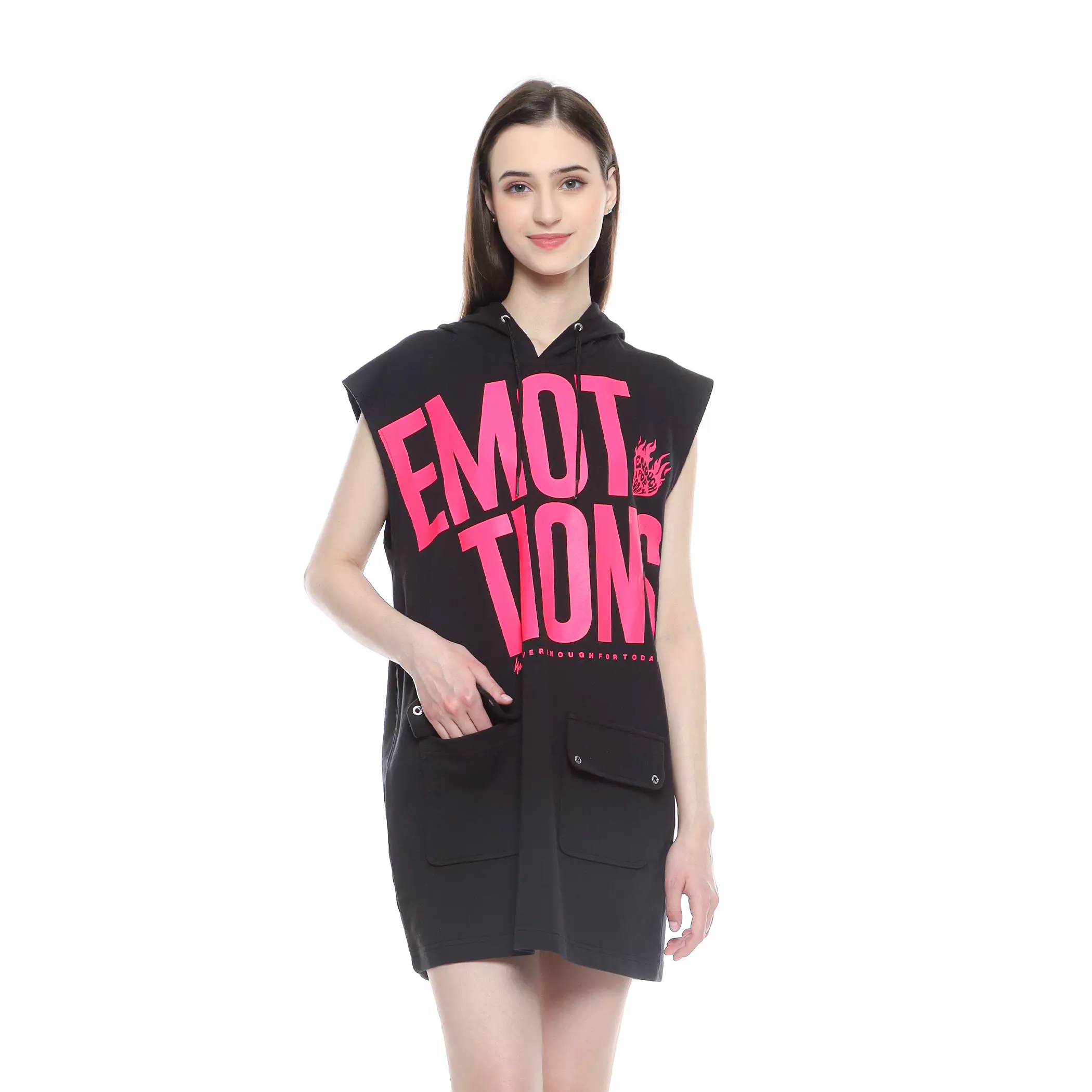 Enough For Today - Hoodie Dress Saku Cargo Emotion Hitam Fuschia
