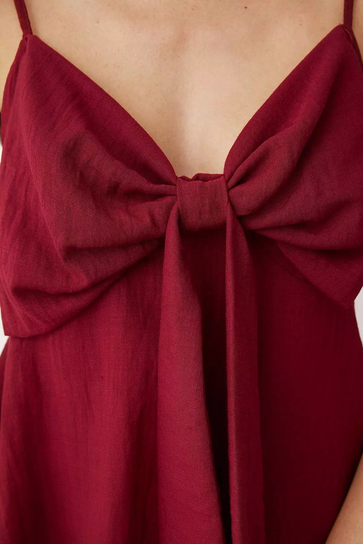 Dark Red Linen Look Bow Detail Hanging Blouse