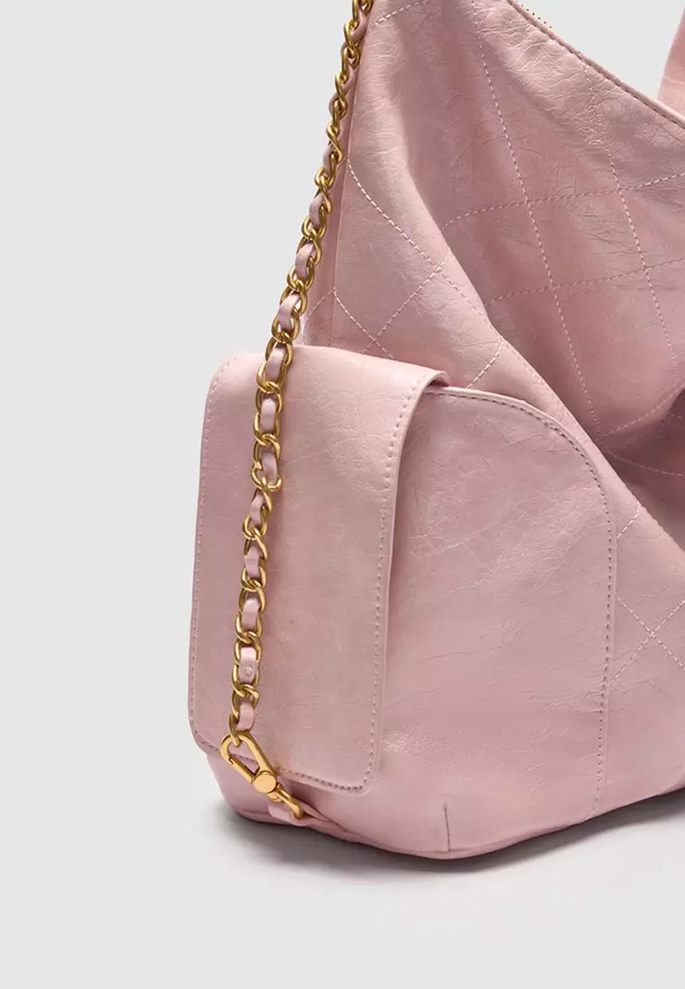 Pale Quilted Hobo Bag With Chain Strap