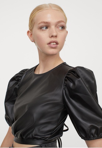 H M Faux Leather Cropped Top 2021, Black Faux Leather Top