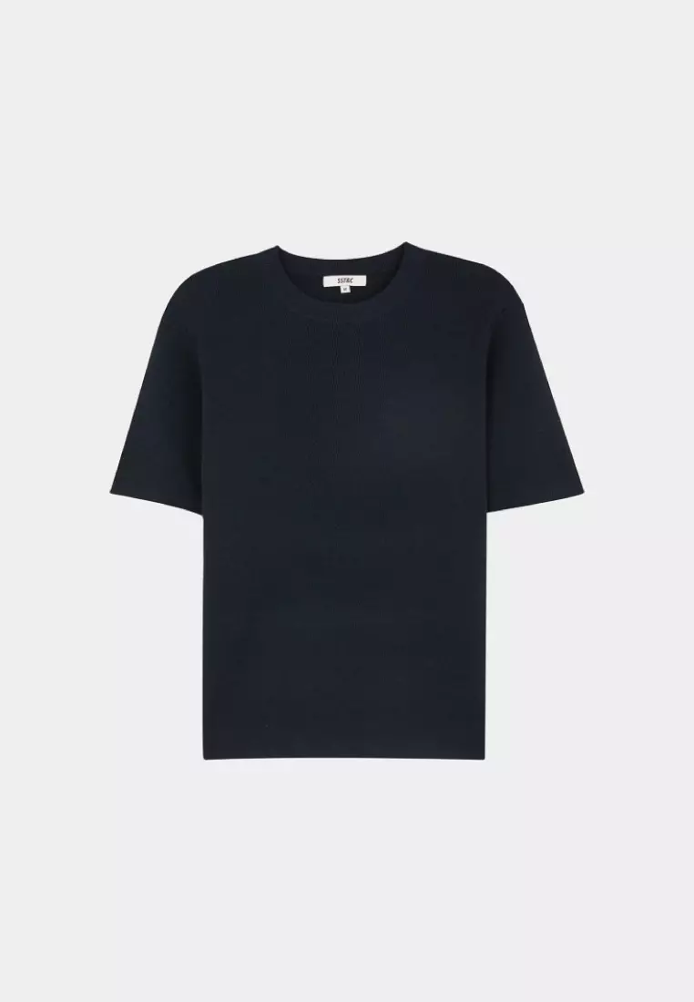 深鈷藍波紋織紋圓領針織衫