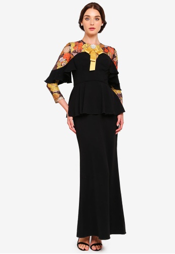 Sophie Drape Sleeve Kurung from Rizalman for Zalora in black and Yellow