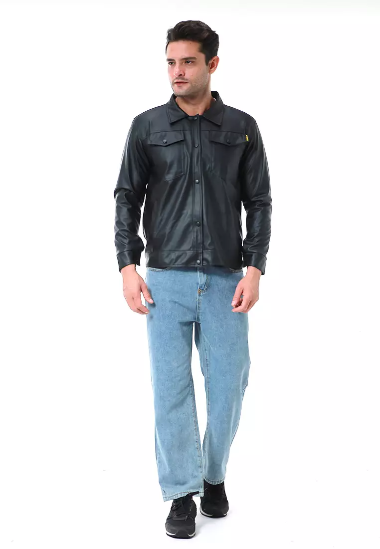 Danny Outerwear Pria Big Pocket Casual Jacket Lengan Panjang Material Leather ORIGINAL - Black