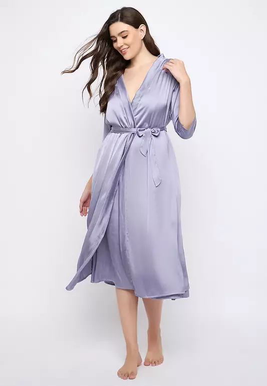 Clovia Chic Basic Long Robe in Light Purple- Satin