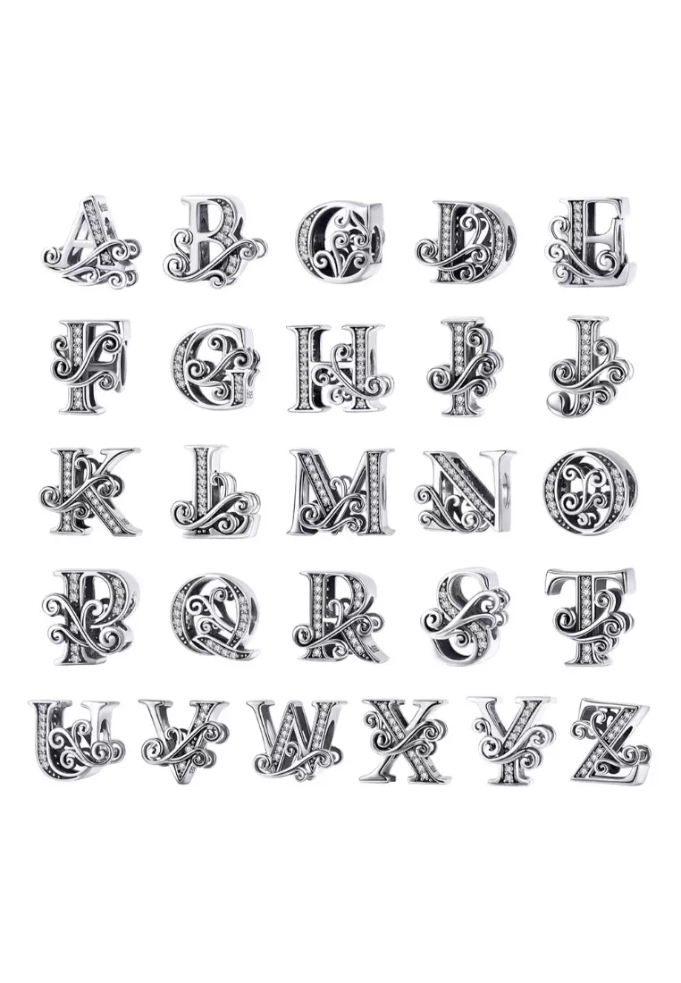Solid 925 Sterling Silver Vintage Inspired Antique Alphabet Charm T