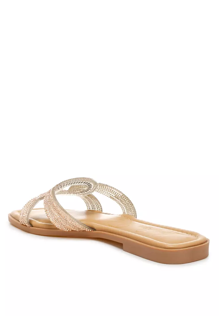 Rhinestones Embellished Flat Sandals in Rose Gold