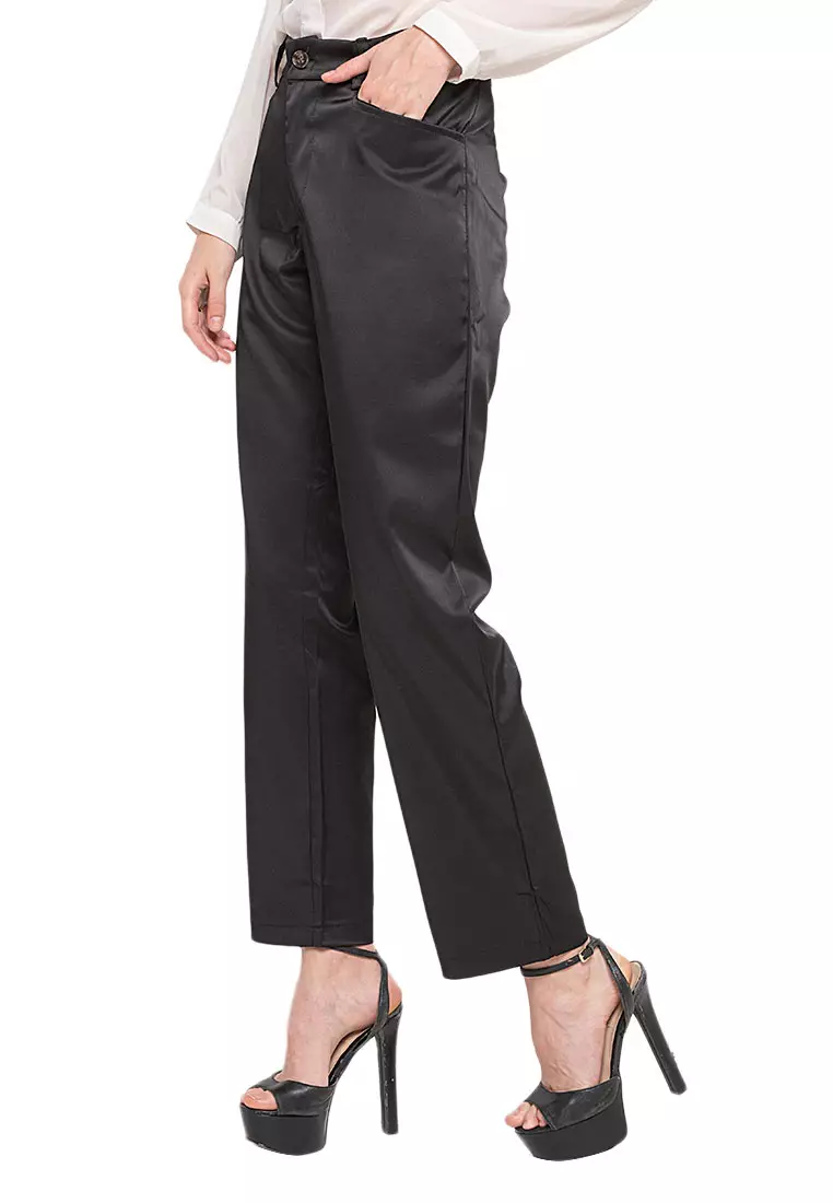 Jane Celana Kerja Trousers Motif Solid Bawahan Wanita Regular Fit - Hitam