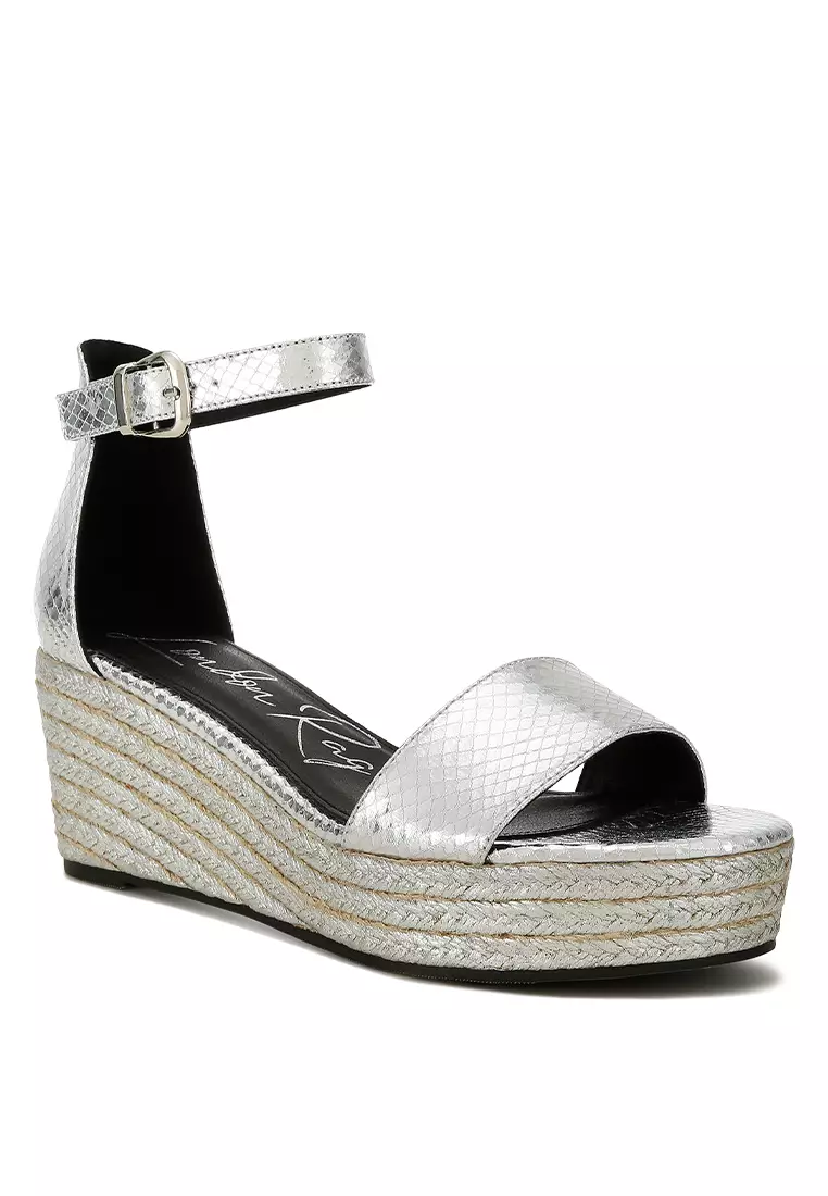 Silver Faux Leather Snake Wedge Espadrilles