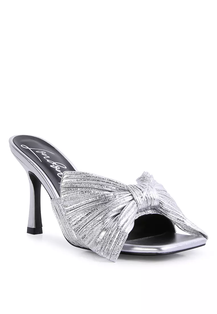 Silver High Heeled Bow Slider Sandals