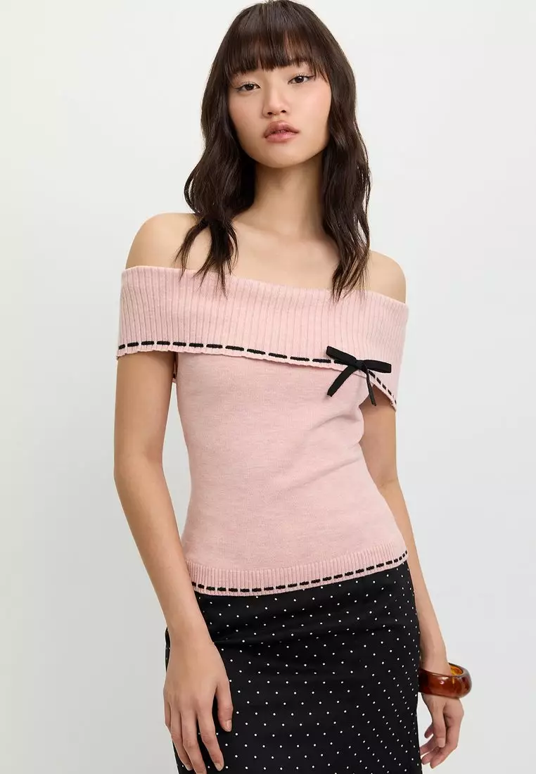 Buy Pomelo Tie-Front Off-Shoulder Ribbon Trim Knitted Top - Pink 2026 ...