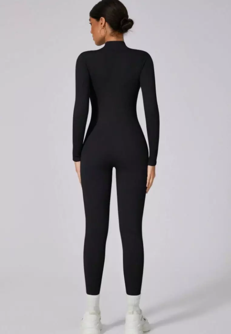 SculptaSuit Women’s Full-Length Sporty Jumpsuit – Stretchy Nylon Spandex Activewear No Bra Padding Yoga & Gym Bodysuit