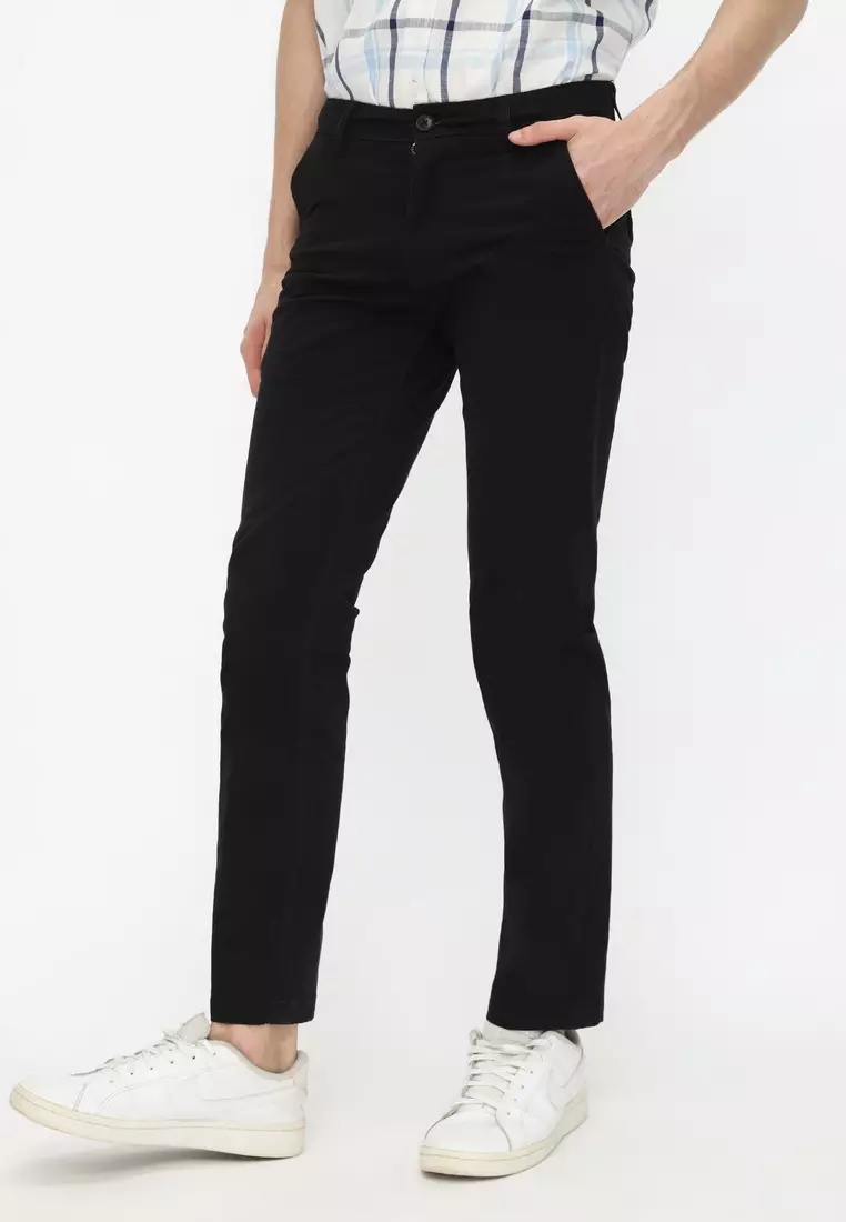 POLICE Celana Chino Panjang Black Cotton Premium Slim Fit Pria