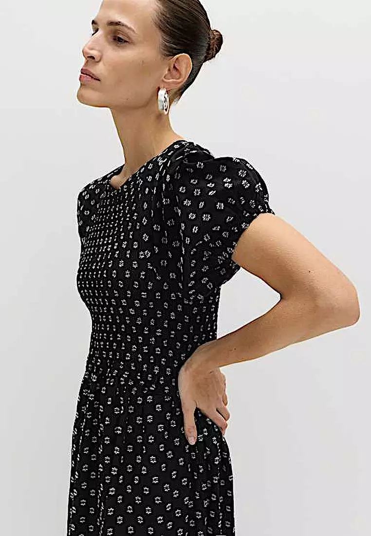 Cotton Rich Printed Puff Sleeve Midi Waisted Dress