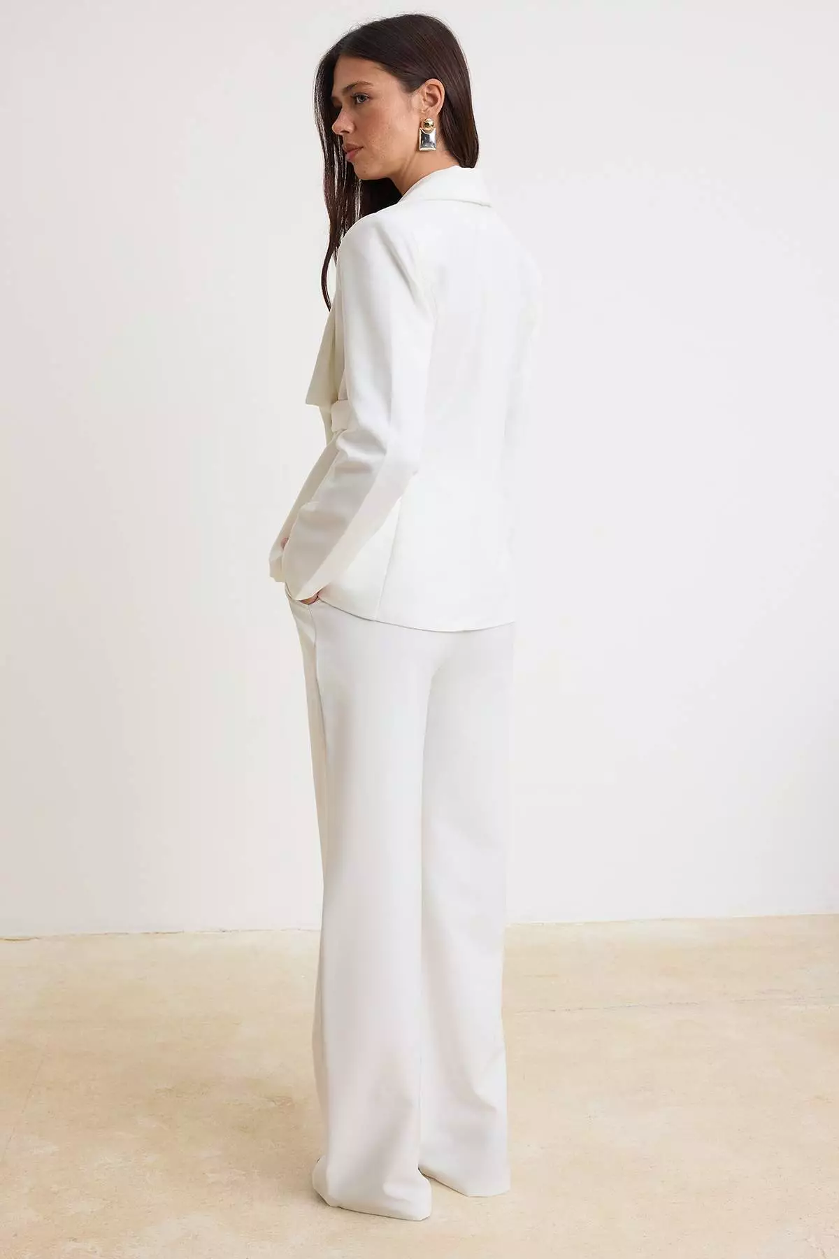 White Double-Breasted Closure Blazer Jacket Trousers Woven Bottom - Top Set Twoaw26Au00145