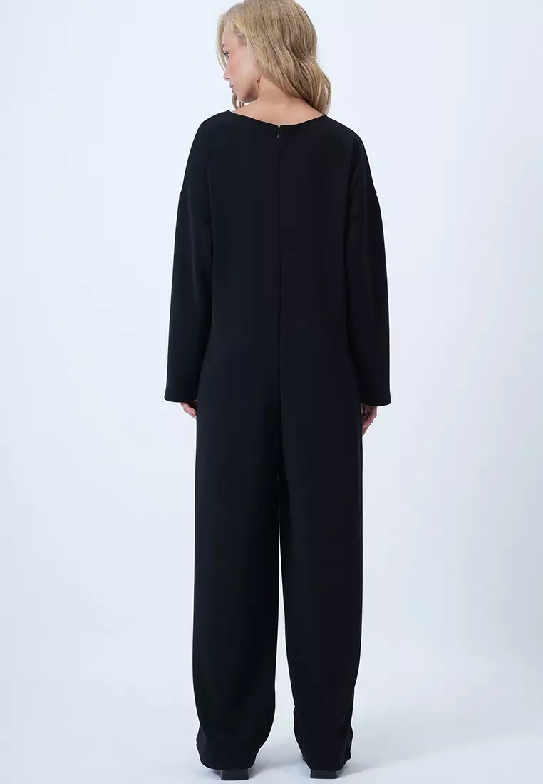 Crew Neck Back Zippered Relaxed Cut Jumpsuit