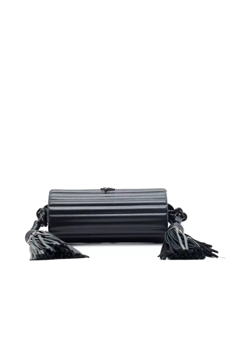 Pre-Loved Saint Laurent Ribbed Acrylic Lambskin Fringe Monogram Monochrome Opium Box Bag