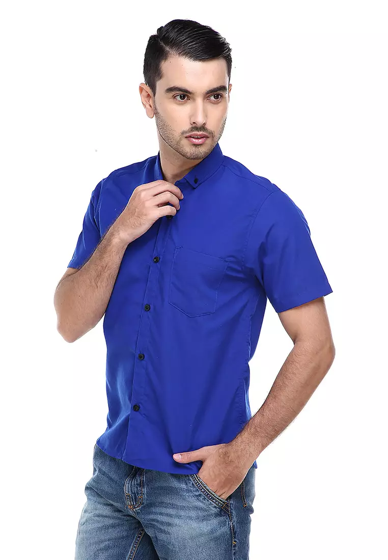 Dwan Casual Shirt Kemeja Polos Pria Lengan Pendek Kasual Formal Material Cotton ORIGINAL - Blue