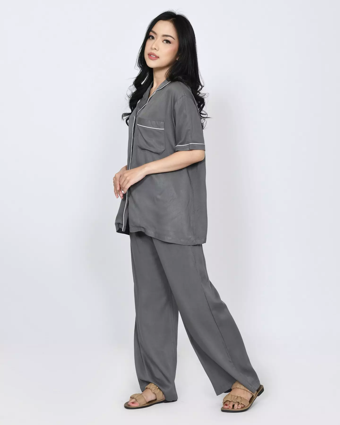 S/S COUPLE PIYAMA COTTON TENCEL Setelan Baju Tidur Pria Wanita ABU ABU