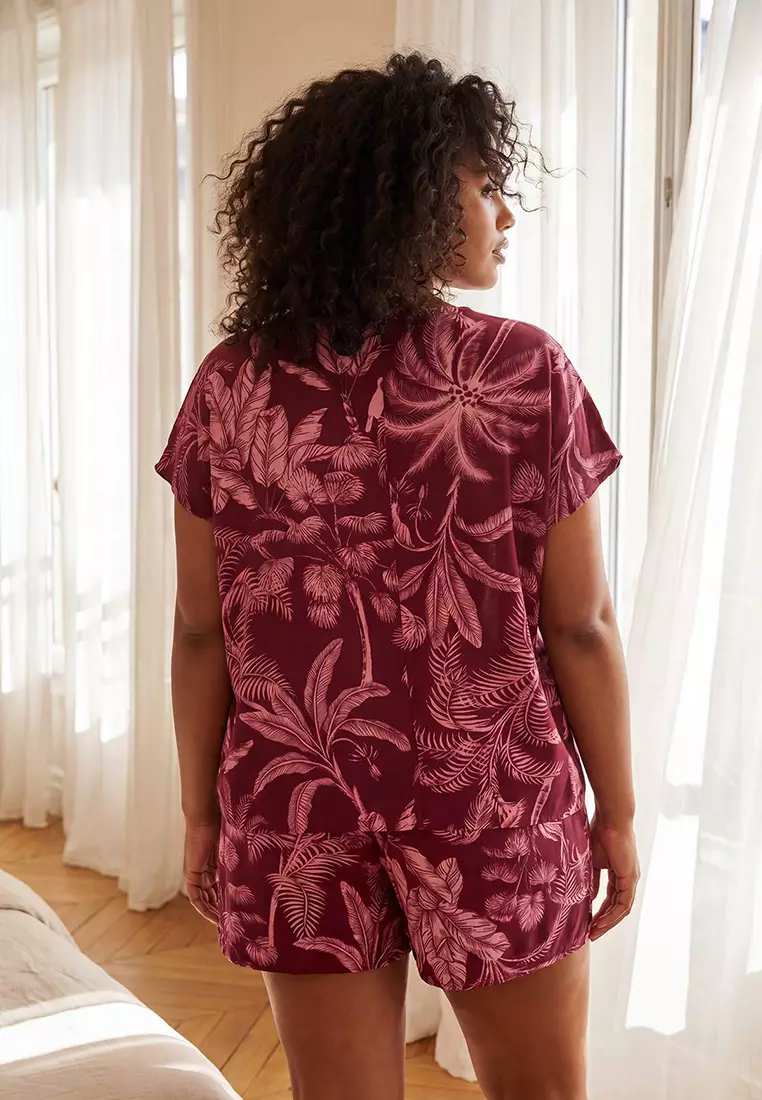 Pink Palm Pattern Batwing Sleeve Woven Plus Size Pajama Set Tbbss26Ai00045