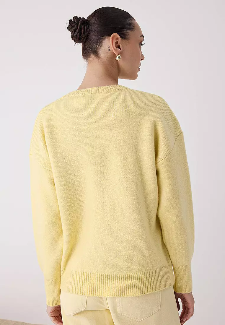 Yellow Woolen Premium Yarn/Special Yarn Basic Wide Fit Knitwear Sweater