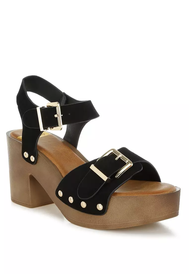 Real Suede Leather Clog Sandals In Black