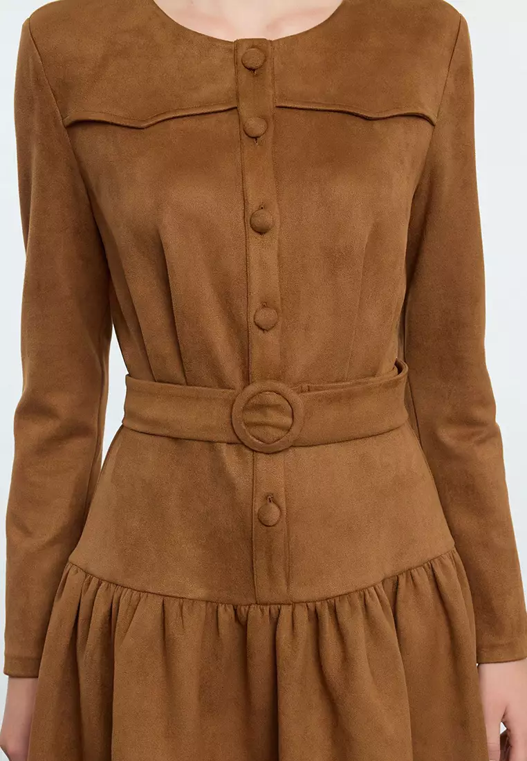 Tan Skater/Waist Open Pleated Skirt Suede Mini Woven Dress TWOAW25EL00252
