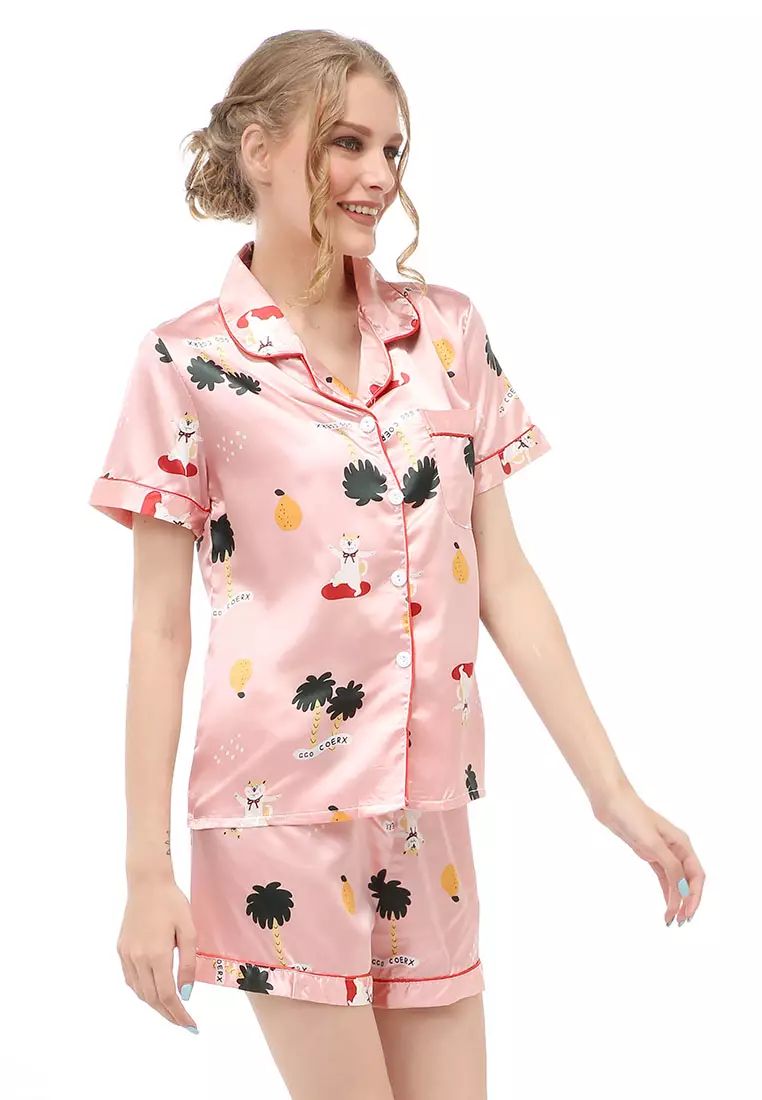 Vance Setelan Baju Tidur Wanita Lengan Pendek Motif Japancat Material Satin ORIGINAL - Pink