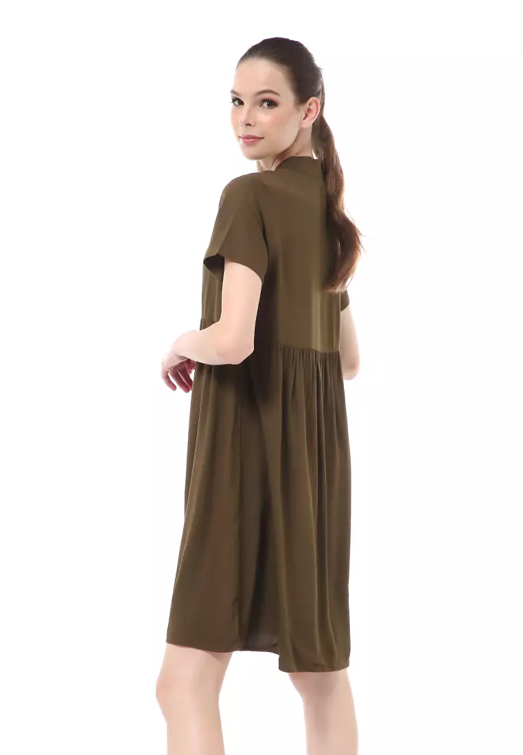 Rachel Dress Wanita Lengan Pendek Full Kancing Stylish Material Cotton ORIGINAL - Army Green