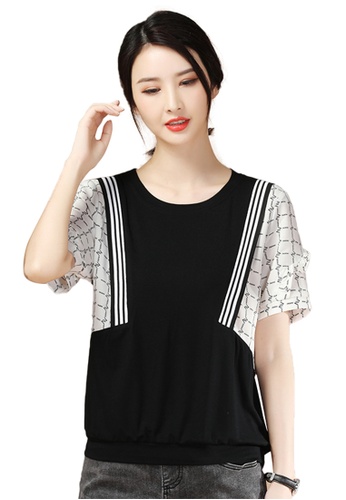 A-IN GIRLS 黑色 and 白色 時尚拼接圓領T恤 CE57CAAEED8E9CGS_1